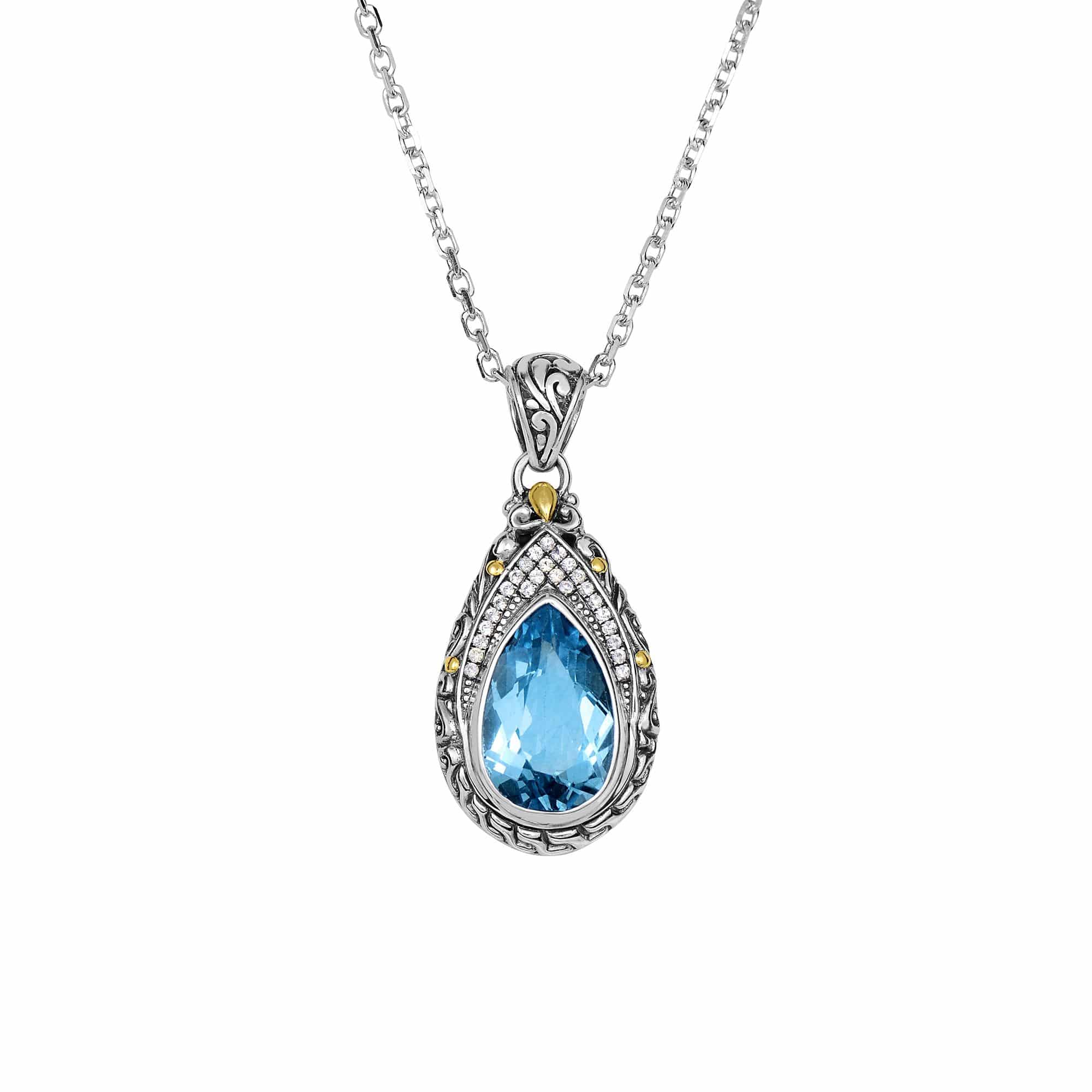 Blue and White Sapphire Drop Pendant/ Necklace