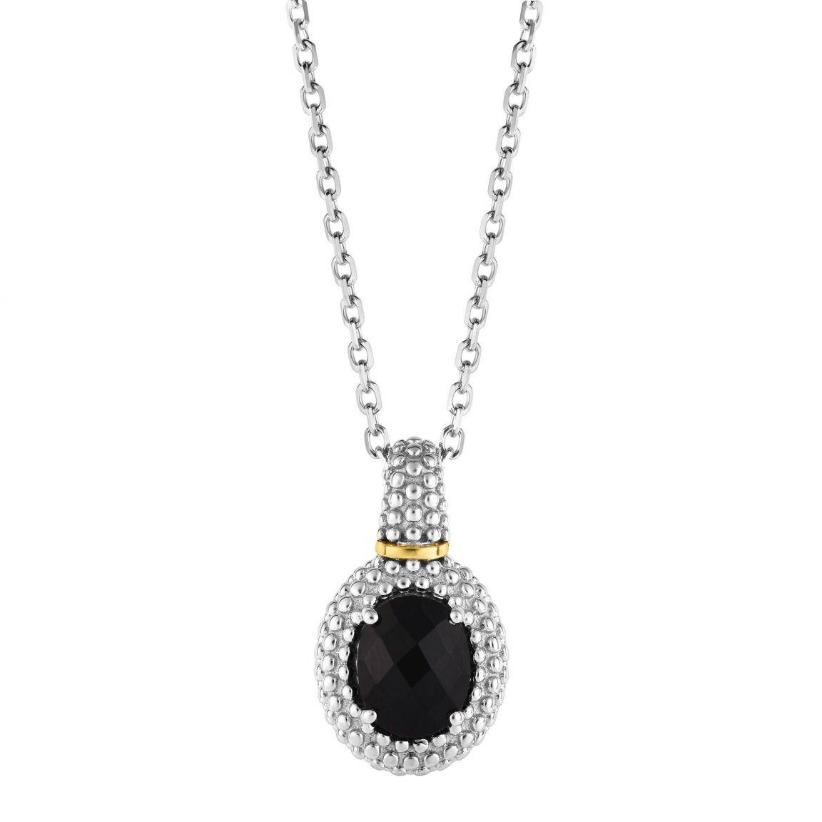 Black Onyx Oval Pendant/ Silver Popcorn Gemstone Necklace