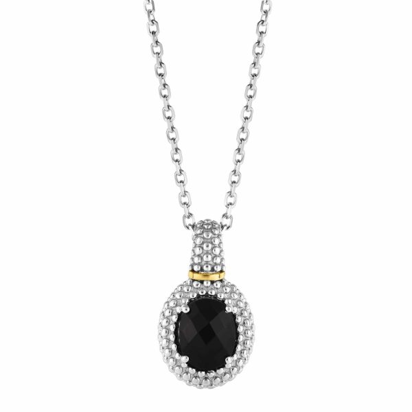 Black Onyx Oval Pendant/ Silver Popcorn Gemstone Necklace