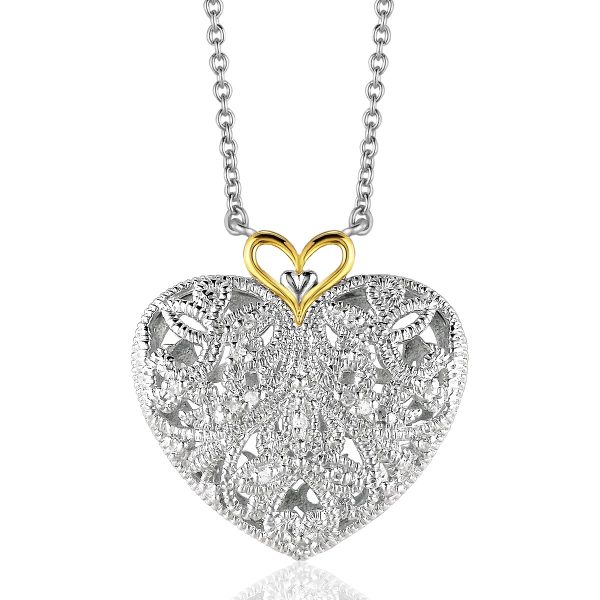 Sterling Silver and 14k Yellow Gold Filigree Heart Pendant with Diamond Accent