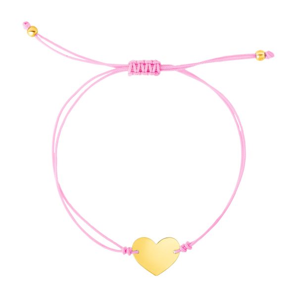 9 1/4 inch Pink Cord Adjustable Bracelet with 14k yellow Gold Heart