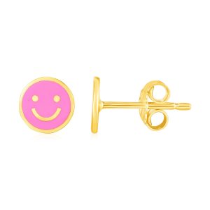 14k Yellow Gold and Enamel Pink Smiley Face Stud Earrings