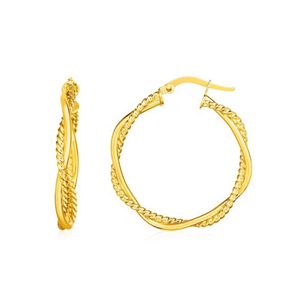 14k Yellow Gold Two Part Textured Twisted Round Hoop Earrings